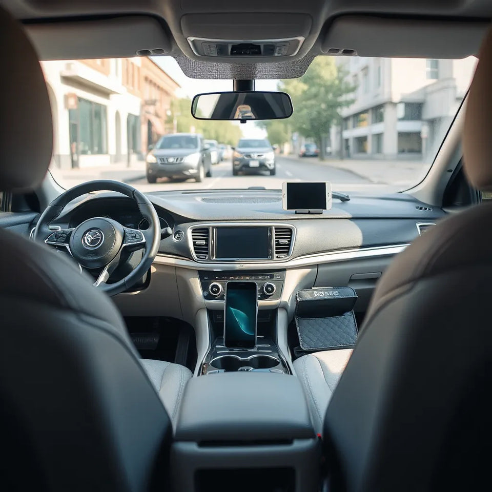 Modern car interior with curated accessories including a phone mount and organizer on the console
