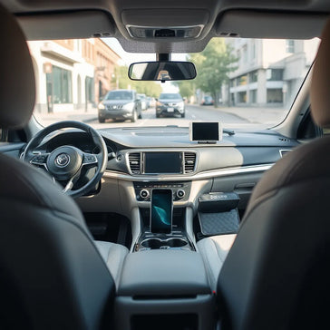 Modern car interior with curated accessories including a phone mount and organizer on the console