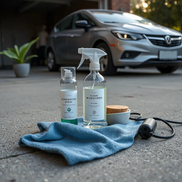 Eco-friendly car cleaning items and reusable cloth arranged beside a modern car exterior in daylight