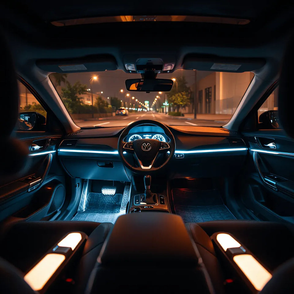 Car cabin at night with softly glowing LED strips along the dashboard and footwell