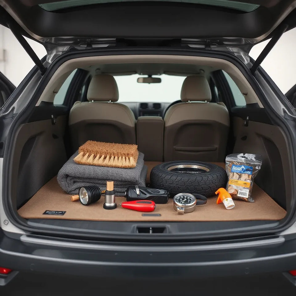 Neatly arranged automotive cleaning and safety gadgets on a car trunk mat