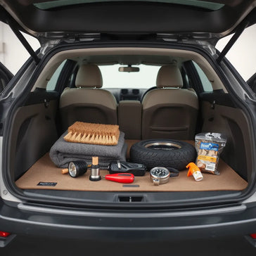 Neatly arranged automotive cleaning and safety gadgets on a car trunk mat