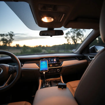 Modern car dashboard with a mounted smartphone and connected OBD-II diagnostic adapter