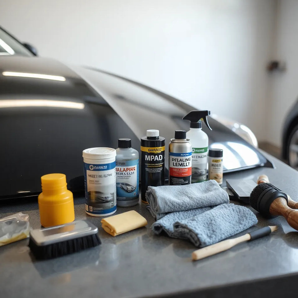 Car detailing products and microfiber towels arranged on a workbench near a glossy car hood
