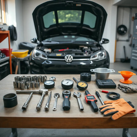 Organized car maintenance tools on a garage workbench with an open car hood in the background