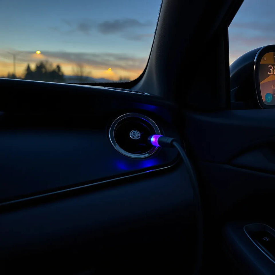 USB atmosphere light glowing softly along a car’s interior trim plugged into the dashboard USB port