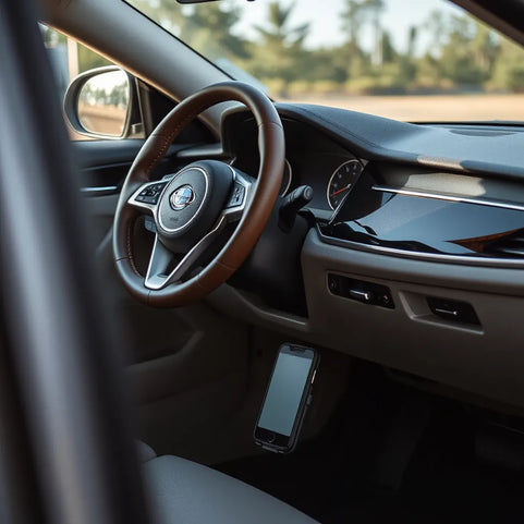Modern car interior featuring premium comfort and convenience accessories like a steering wheel cover and floor mats