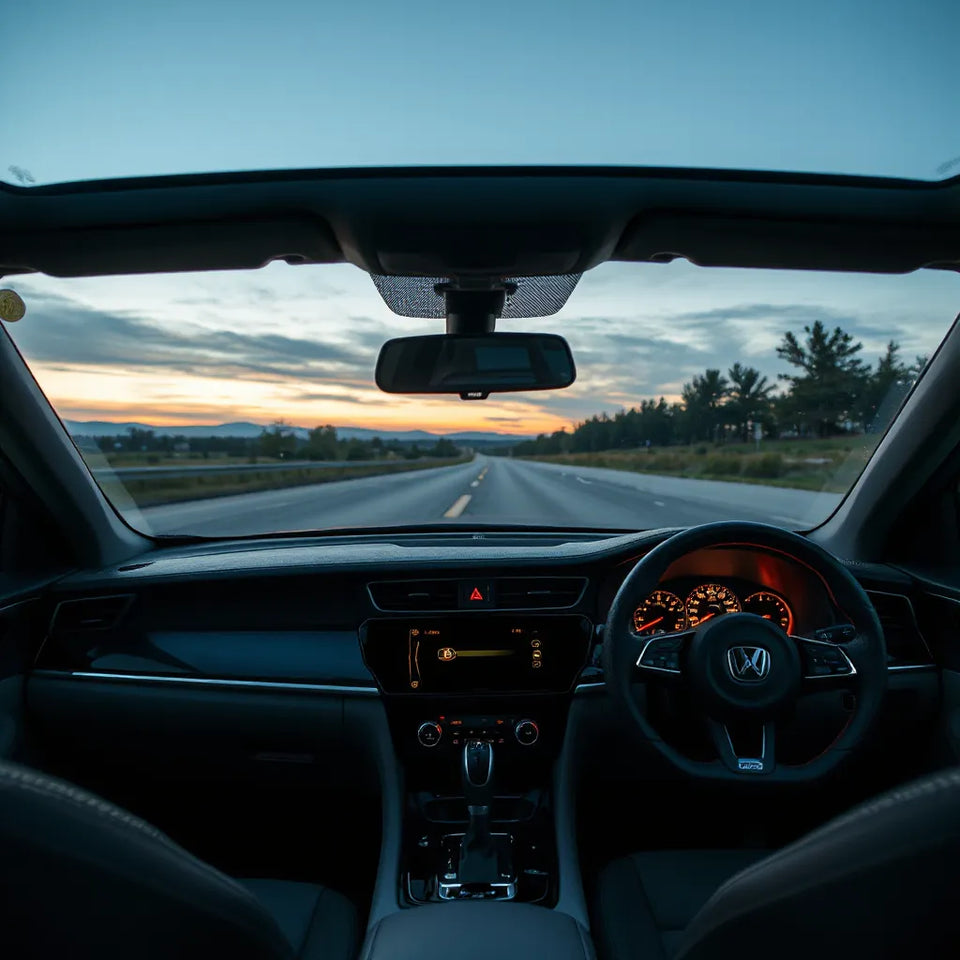Modern car dashboard with digital instruments and heads-up display glow