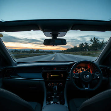 Modern car dashboard with digital instruments and heads-up display glow