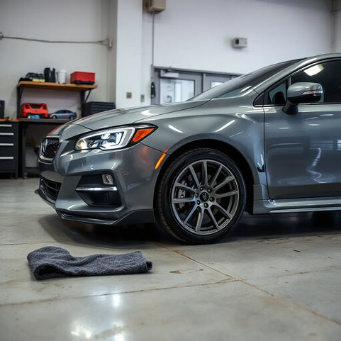 Glossy car exterior with alloy wheels and subtle LED accents in a clean garage setting
