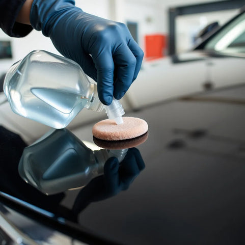 Gloved hand applying clear car coating agent to glossy dark paint for a fast, reflective finish