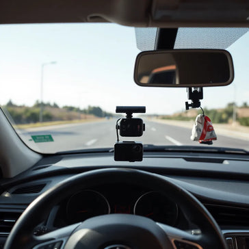 4K dual lens dash cam mounted on a car windshield with the road visible ahead