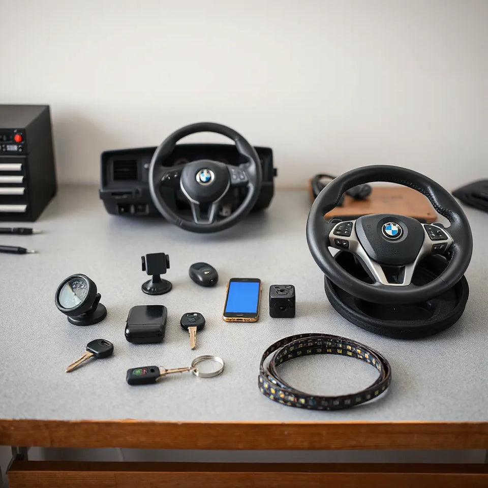 Assorted automotive accessories like a phone mount, dashboard camera, and steering wheel cover on a workbench