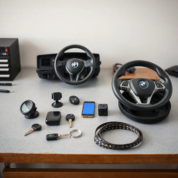 Assorted automotive accessories like a phone mount, dashboard camera, and steering wheel cover on a workbench