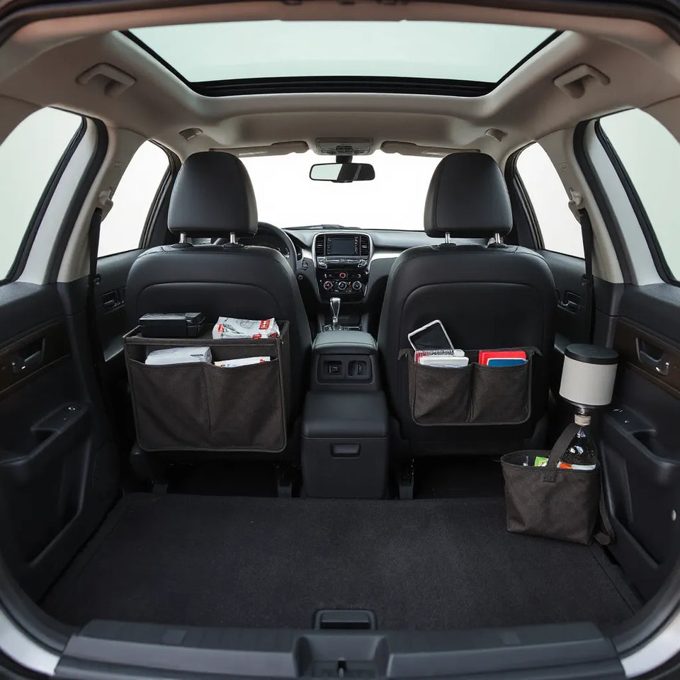 Car interior with modular organizers keeping the console and trunk neatly stored