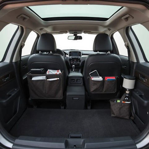 Car interior with modular organizers keeping the console and trunk neatly stored