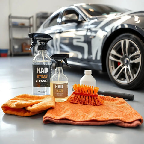Durable car cleaning tools and bottles arranged beside a partially washed car in a garage