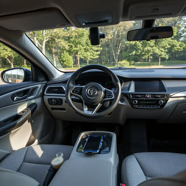 Modern car interior with stylish accessories like ambient lighting and floor mats