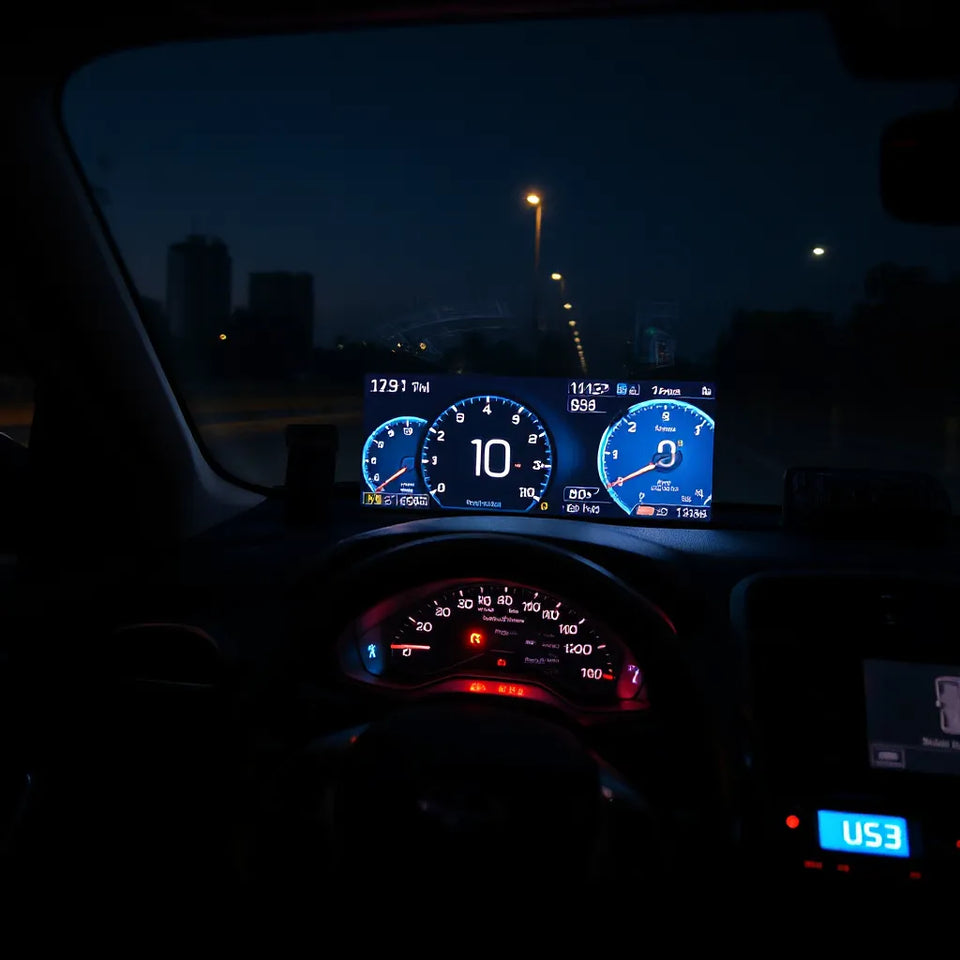 Transparent heads-up display projects driving metrics onto the windshield in a modern car interior