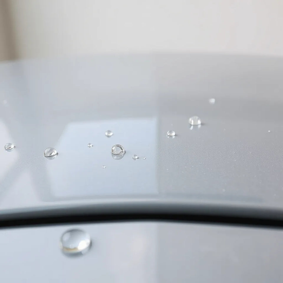 Water beads forming on a coated car hood surface under soft daylight