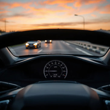 Glowing GPS speedometer display on a modern car dashboard