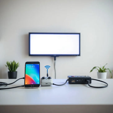 Phone wirelessly controlling a glowing LED display with neatly connected cables
