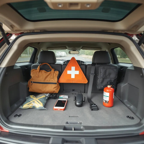 Safety accessories arranged in a car trunk and interior, including a first-aid kit and warning triangle