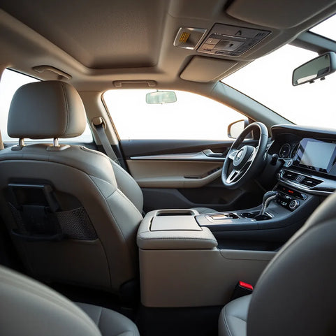 Clean car interior with comfort-focused accessories like an organizer and phone mount