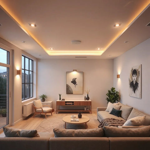 Modern LED ceiling lights and wall sconces in a warm, uncluttered living room at dusk