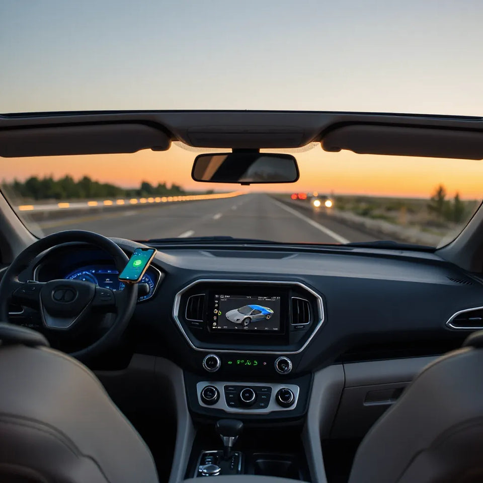 Modern car dashboard with smartphone mount, wireless charging, and ambient lighting