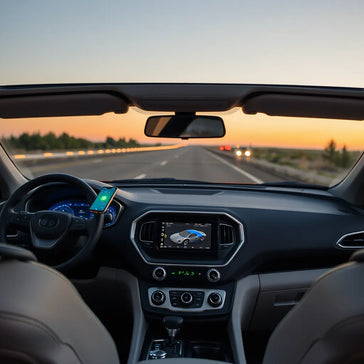 Modern car dashboard with smartphone mount, wireless charging, and ambient lighting