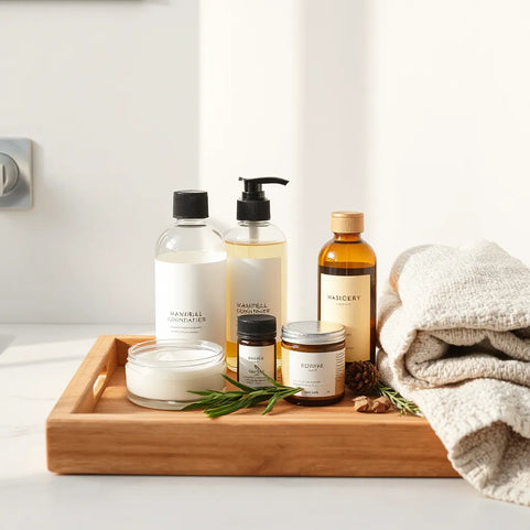 Natural hair care products on a wooden tray with botanical ingredients and towel beside a countertop