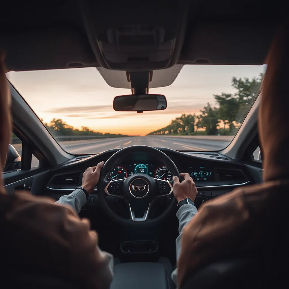 Driver controls a modern car while dashboard safety monitoring is visible in a clean interior scene