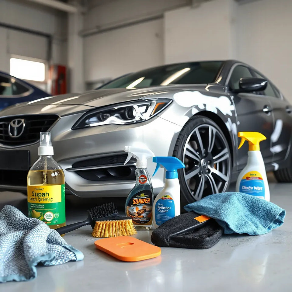 Car care products on a clean workbench beside a partially washed sedan