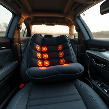 Heated car massage cushion on a car seat with subtle warmth and visible massage nodes
