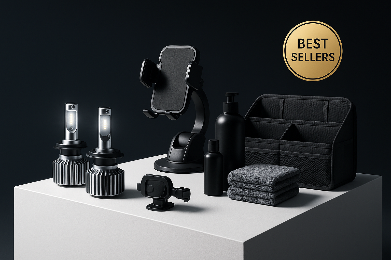 A curated selection of top-selling car accessories displayed attractively, showcasing popularity and variety.