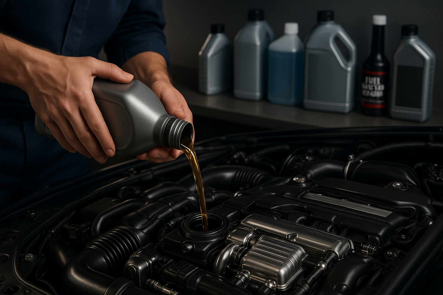 Engine oil, fuel additives, and maintenance fluids arranged on a garage workbench.