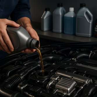 Engine oil, fuel additives, and maintenance fluids arranged on a garage workbench.