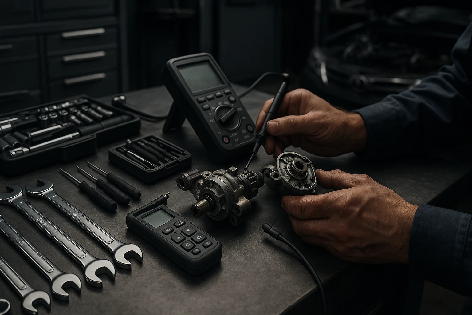 A well-equipped garage with automotive tools including wrenches, jacks, and diagnostic devices.