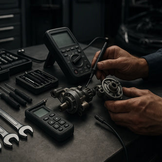 A well-equipped garage with automotive tools including wrenches, jacks, and diagnostic devices.