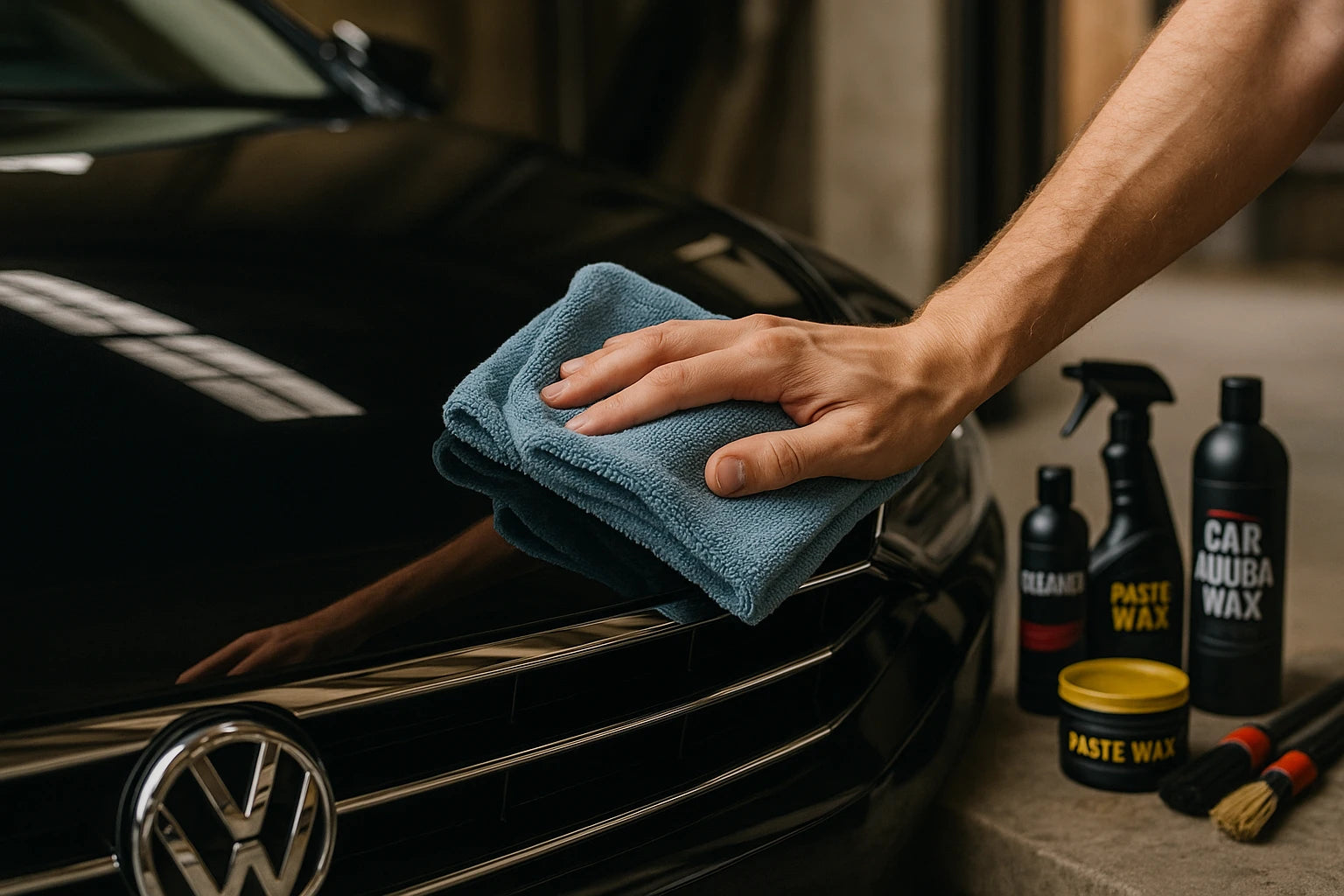 A person cleaning a car with premium car care products, including sprays, waxes, and towels, displayed nearby.