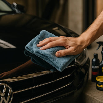 A person cleaning a car with premium car care products, including sprays, waxes, and towels, displayed nearby.