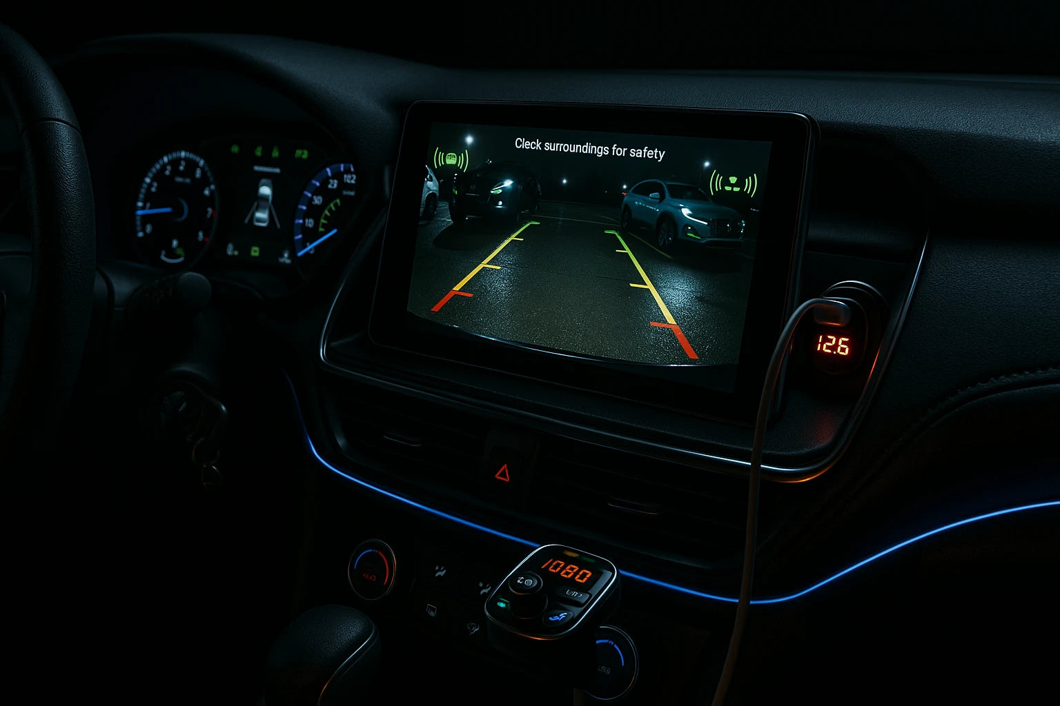A modern car interior with electronic accessories like rearview cameras, screens, and chargers installed.