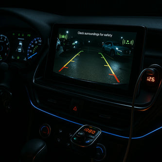 A modern car interior with electronic accessories like rearview cameras, screens, and chargers installed.