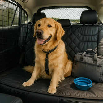 A happy dog in a car using pet travel accessories such as seat covers, harnesses, and feeding bowls