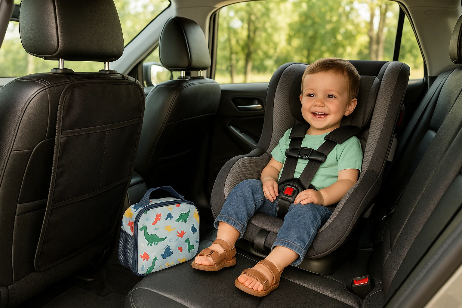A family preparing for a road trip with organized car essentials like organizers, travel pillows, and child accessories.