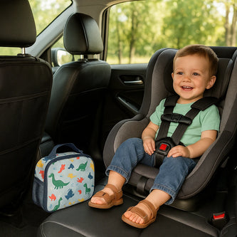 A family preparing for a road trip with organized car essentials like organizers, travel pillows, and child accessories.