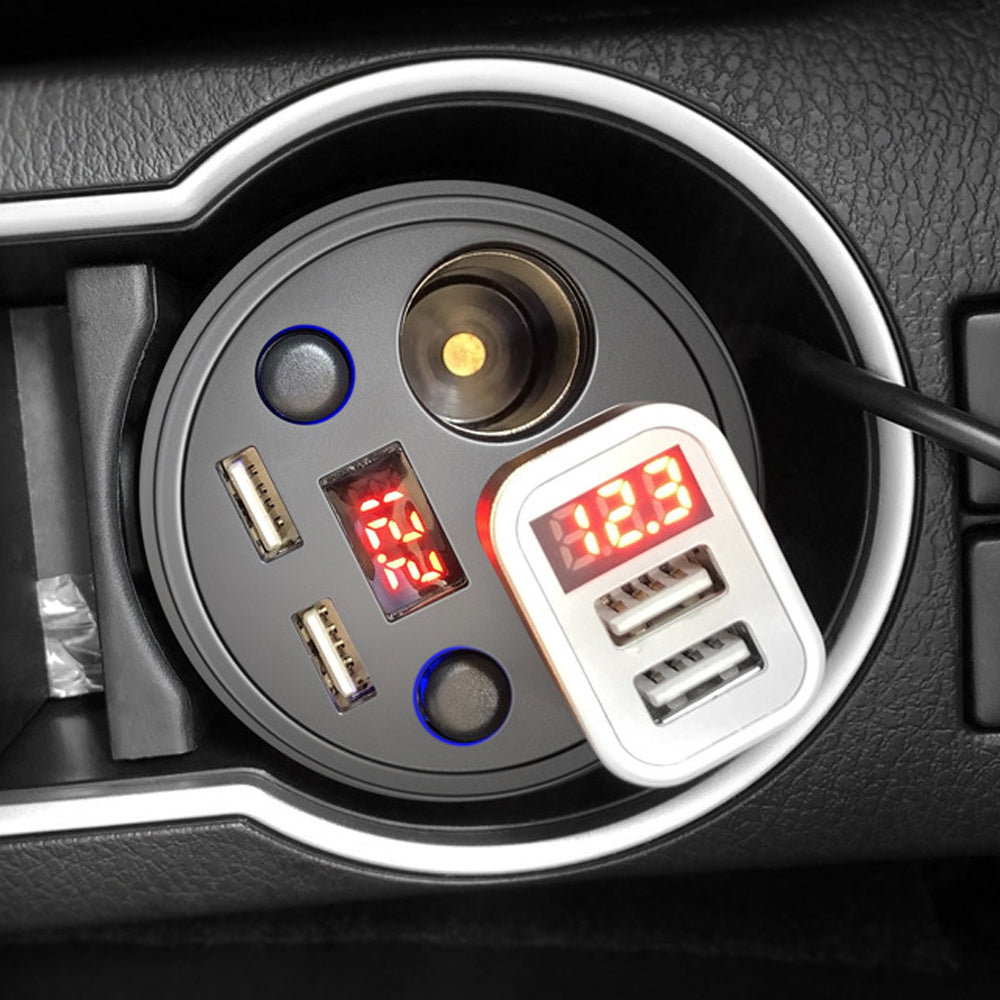 Multi-Function Digital Display Car Charger with Cigarette Lighter and Cup Holder Design