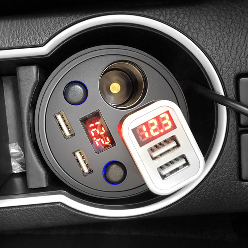 Multi-Function Digital Display Car Charger with Cigarette Lighter and Cup Holder Design - AutoBits