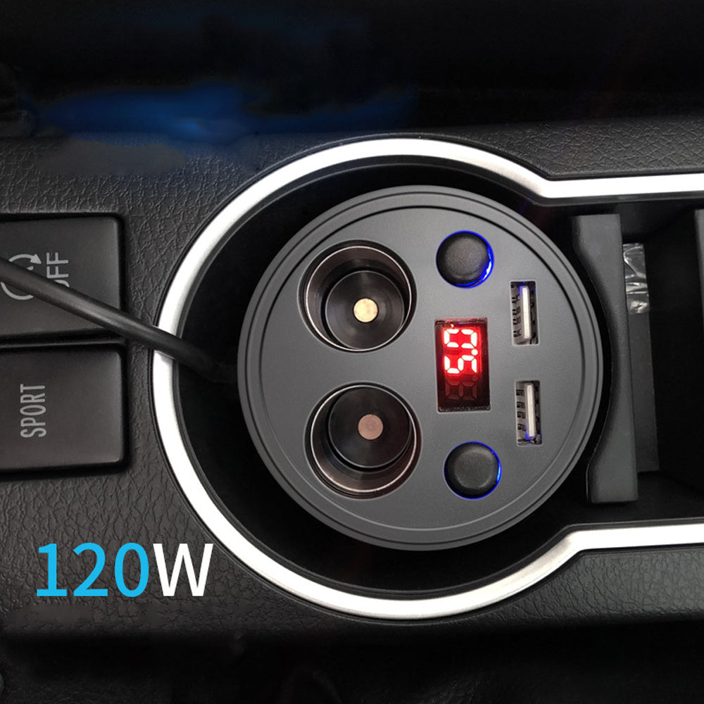 Multi-Function Digital Display Car Charger with Cigarette Lighter and Cup Holder Design